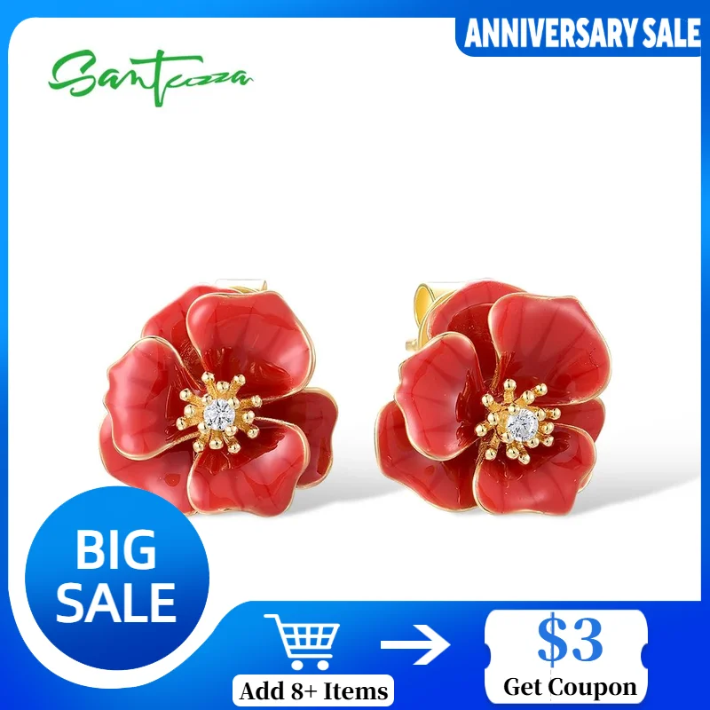 

SANTUZZA Real 925 Sterling Silver Earrings For Women White CZ Red Enamel Blossom Flower Wedding Party Elegant Gift Fine Jewelry