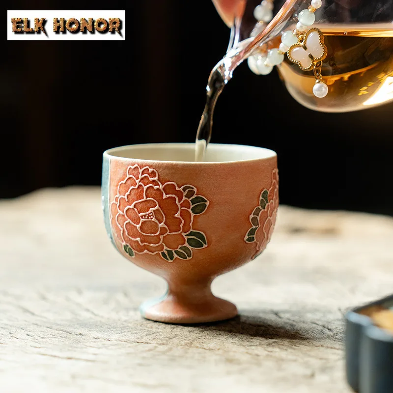 115ml Relief Carving Peony Flower Teacup Creative Tea Bowl Single Cups Tea-tasting Fragrance Cup Chazhan Master Cups Drinkware