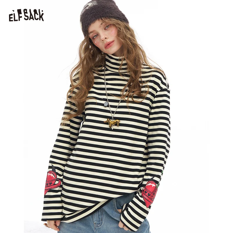 ELFSACK 2025 Winter New Arrivals Y2K Minimalist Loose Classic Stripe High Neck Sleeve Graphic Tshirt For Women
