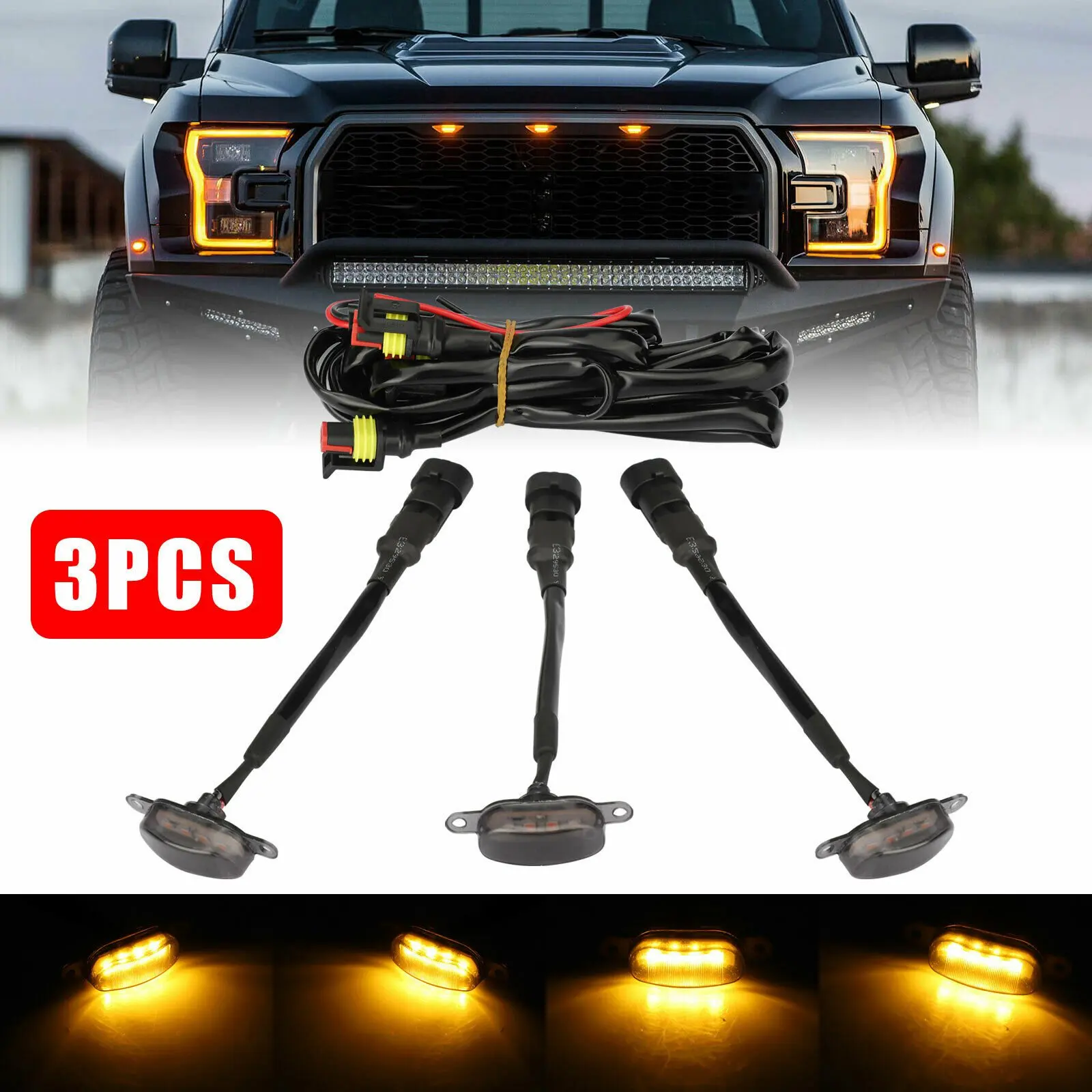 กระจังหน้า LED สีเหลืองอำพันสำหรับ Ford F-150 Raptor โคมไฟ lampu Jalan เลนส์รมควันแบบ3X