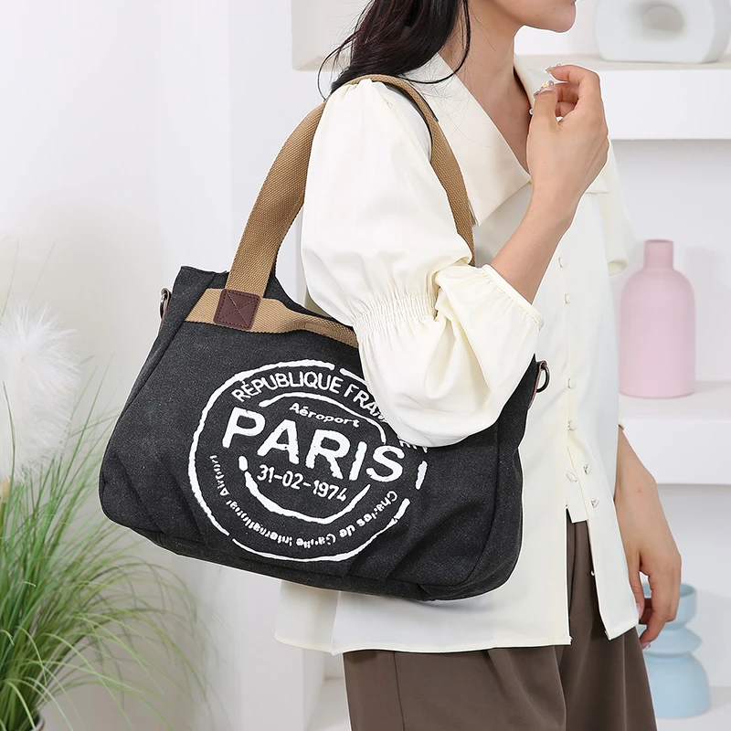 Casual Canvas Tote Bag with Adjustable Strap Vintage Style Top-Handle Satchel with Zip Closure Polyester Lining Shoulder Bag