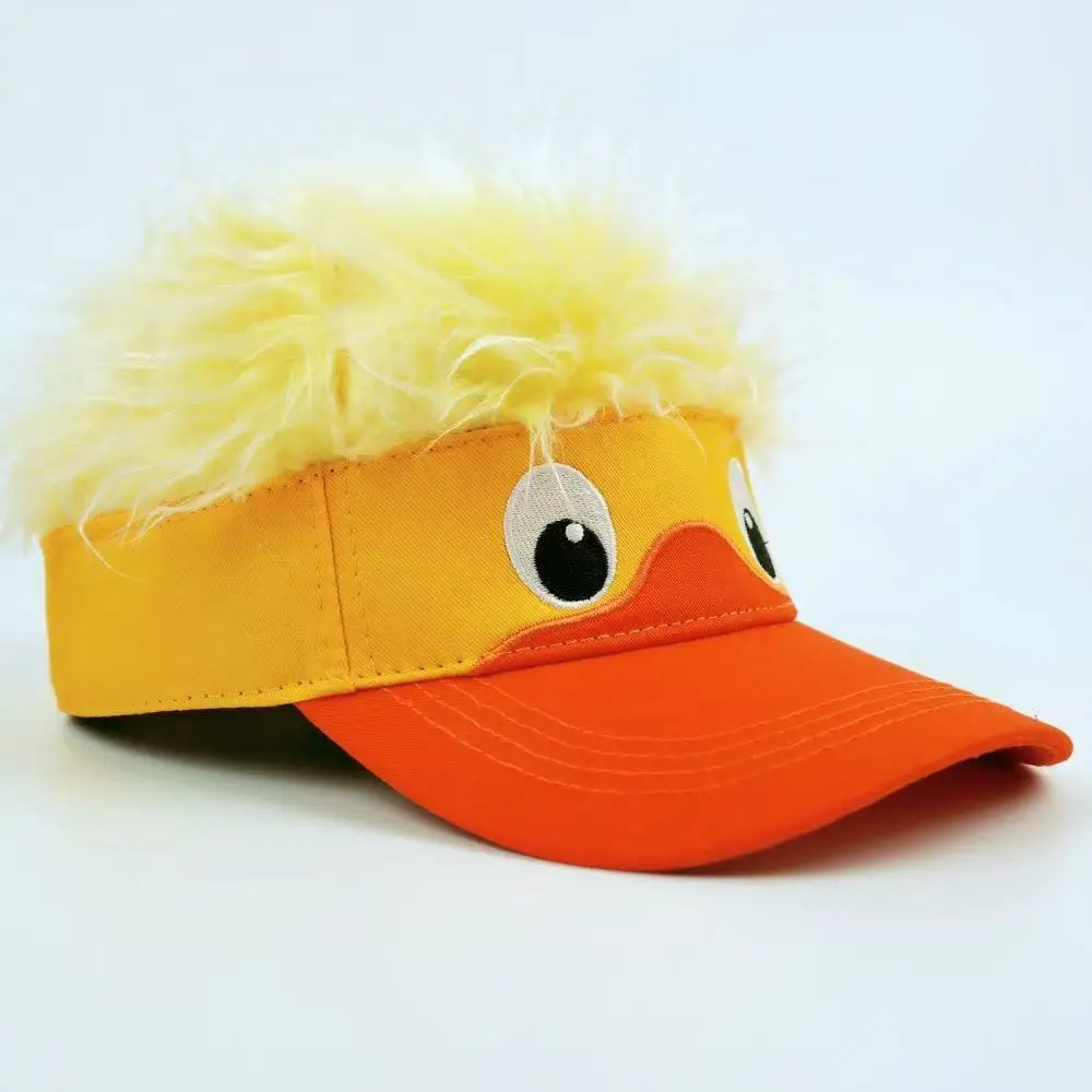 Lustiger Enten-Schirmhut mit Kunsthaar, Neuartiger Gelb-Oranger Verstellbarer Sonnenschirm für Männer und Frauen, Einzigartige Lässige Streetwear-Kappe – Detail 12