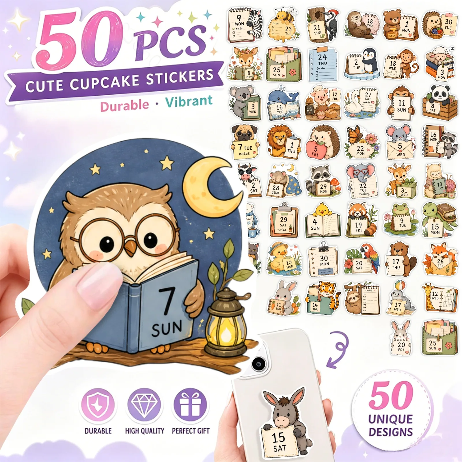 50Pcs Cute Animal Weekly Date Stickers Cartoon Forest Creature Planner Calendar Decals for Journal Laptop Water Bottle DIY Decor