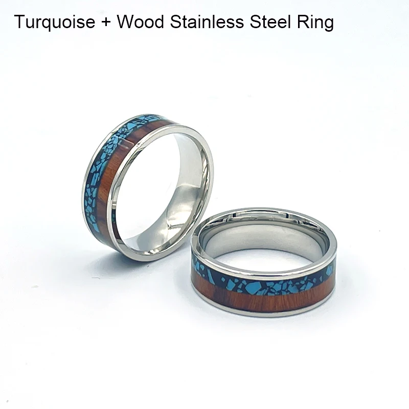 

8mm Fashion Stainless Steel Couple's Wedding Bands Turquoise Wood Inlaid Engagement Ring for Men And Women Lover's Ring Jewelry