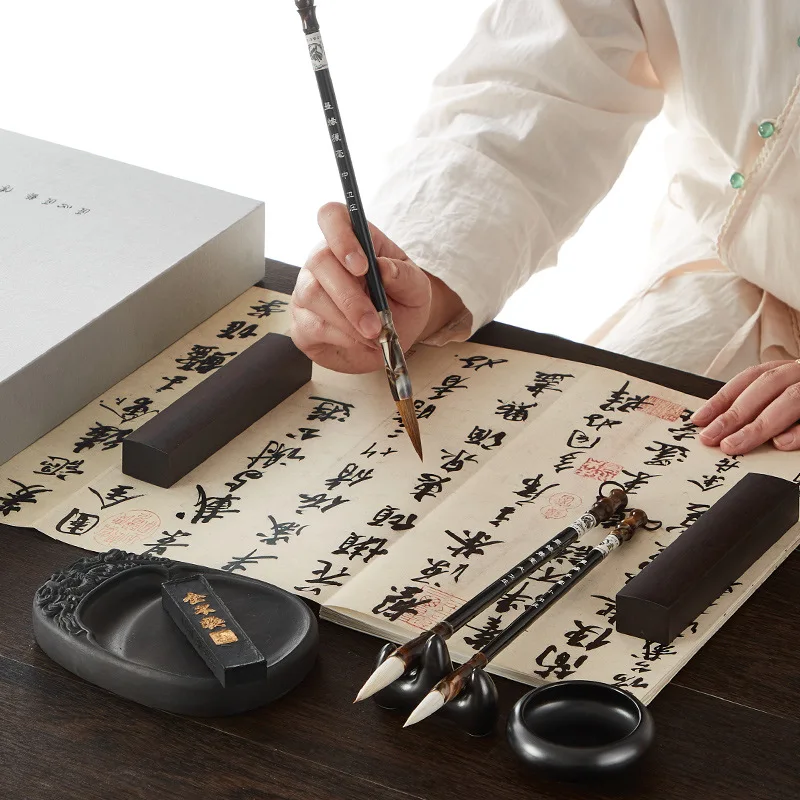 Chinese Calligraphy Set Gift Box with Brush Ink Stick Inkstone and Xuan Paper, Four Treasures of the Study Kit with Mixed Hair