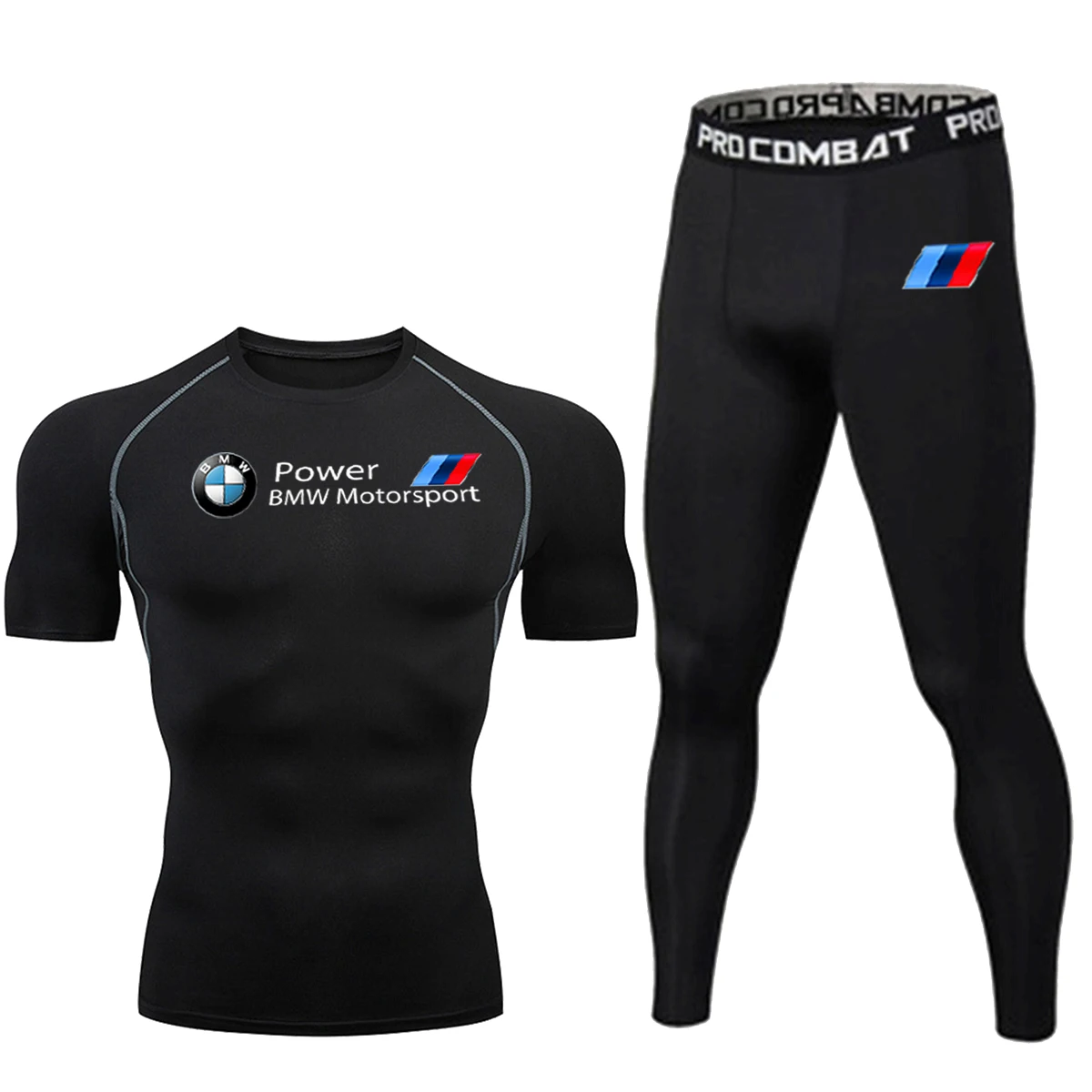 Men's Gym Compression Y2KT T-Shirt + Pants 2 Piece Set Full Open Breathable Fast Drying Exercise Fitness Sportswear Set BMW logo