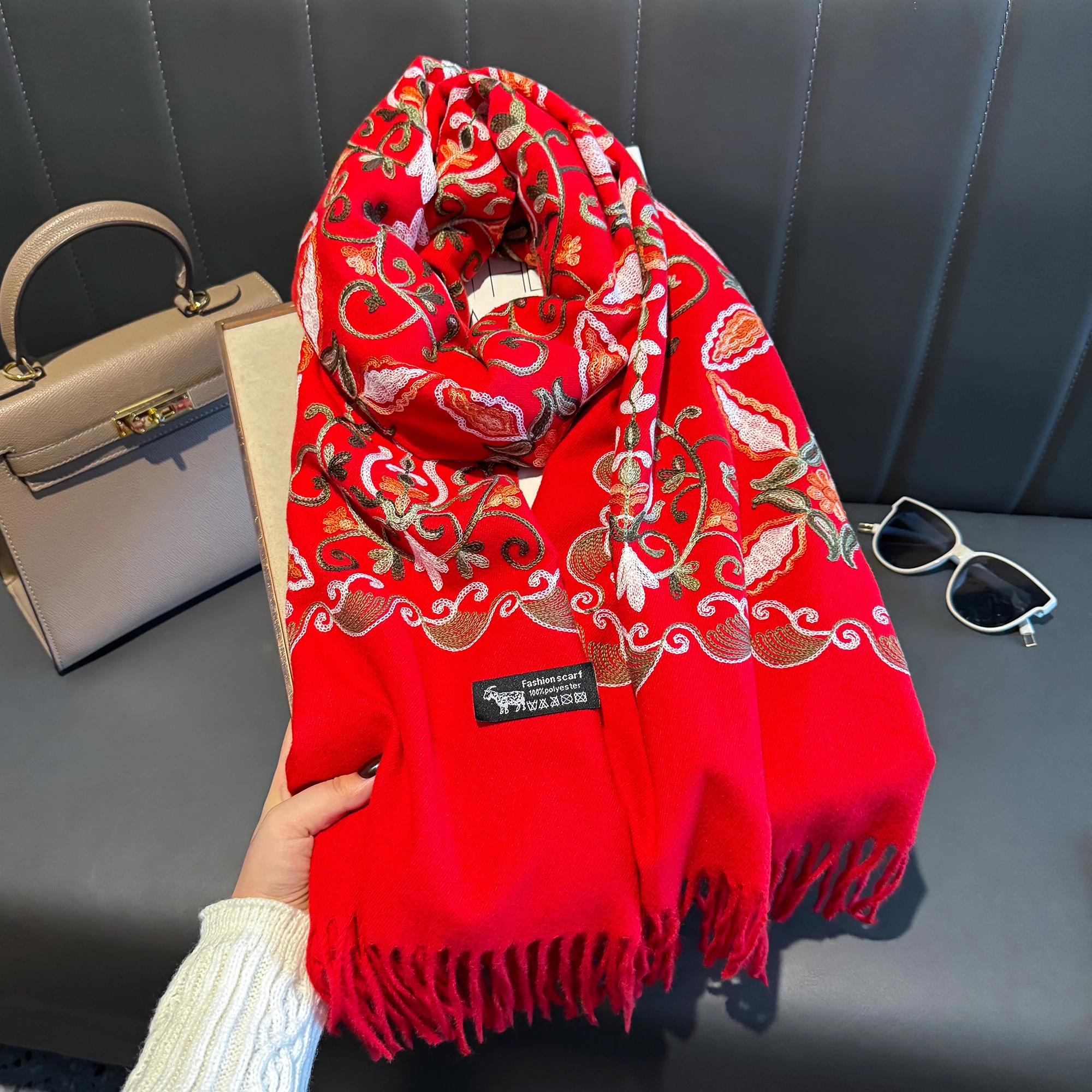 Damski luksusowy zimowy szal modowy, gruby szal podróżny, narzutka, haftowany kwiatowy ciepły szalik na szyję, poncho, pashmina, bufanda