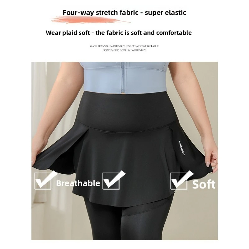 Gonna-pantalone sportiva a vita alta con apertura all'inguine, taglie forti, design con tasche, lunghezza capri, per fitness e attività all'aperto, elasticizzata, traspirante e morbida