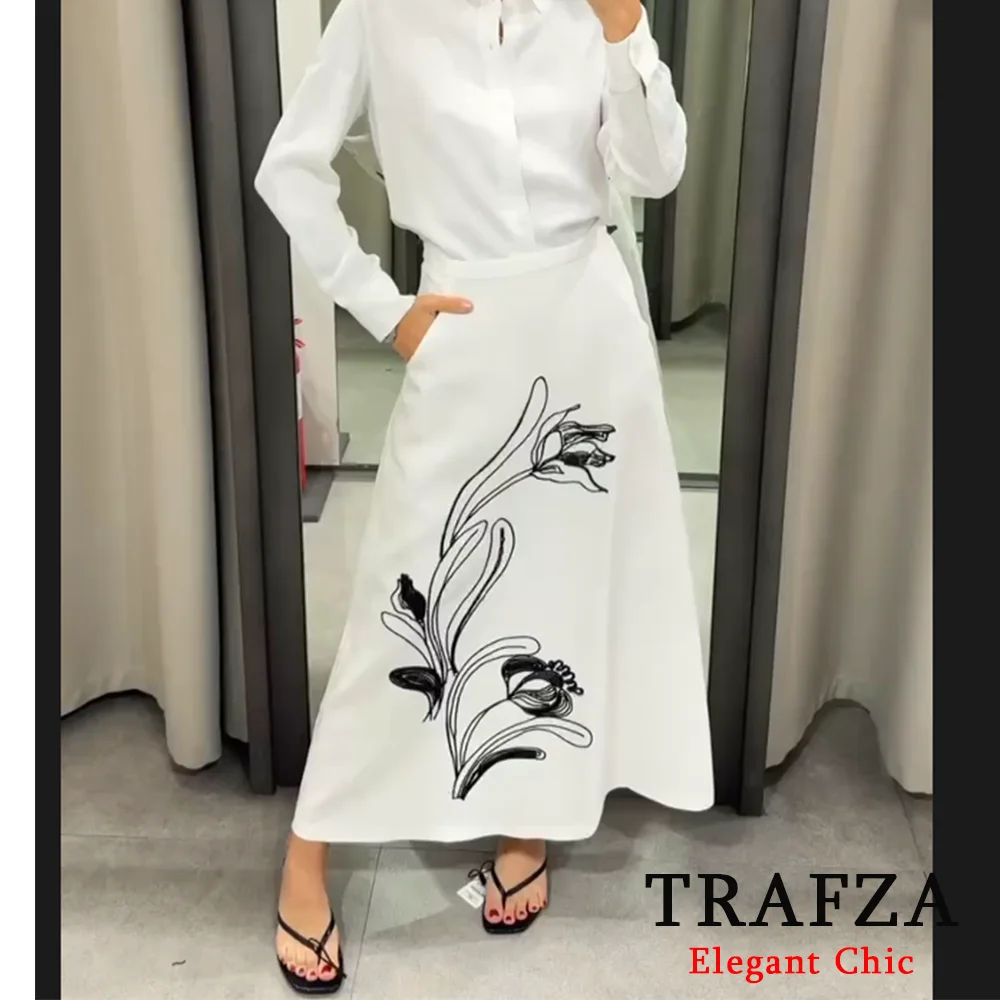 TRAFZA-Saias bordadas casuais elegantes para mulher, elemento chinês, saia com bolsos, nova moda, verão, 2024