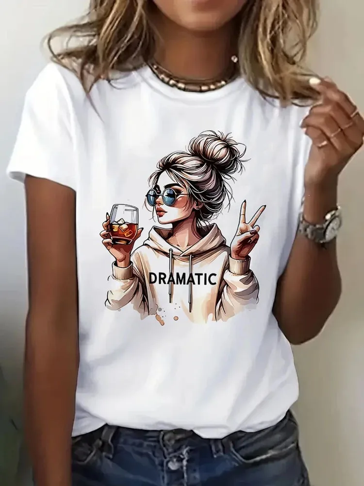 Women Casual Crew Neck T‑Shirt Dramatic Girl Character Graphic Print Short Sleeve Daily Streetwear Tee Tops