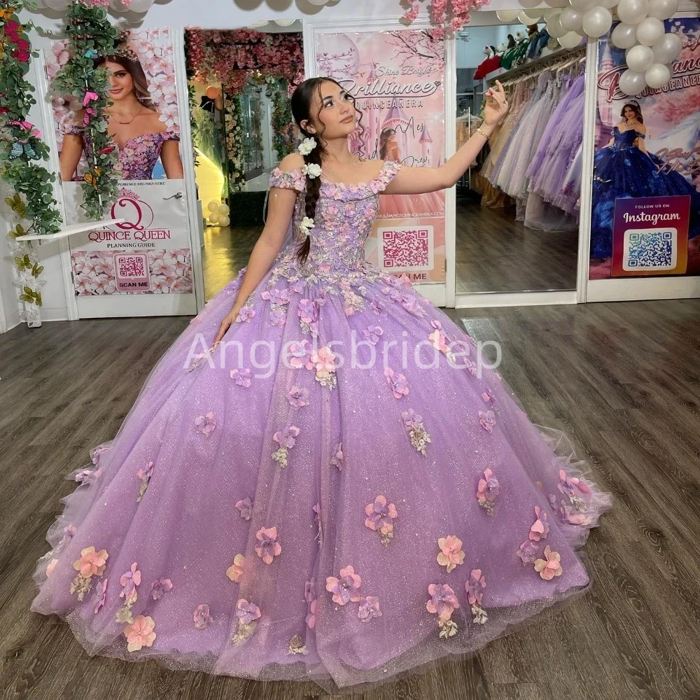 Angelsbridep 2025 Lilac Ball Gown Quinceanera Dresses 3D Handmade Flower Beads Prom Party Dress Off Shoulder Robes De Soirée