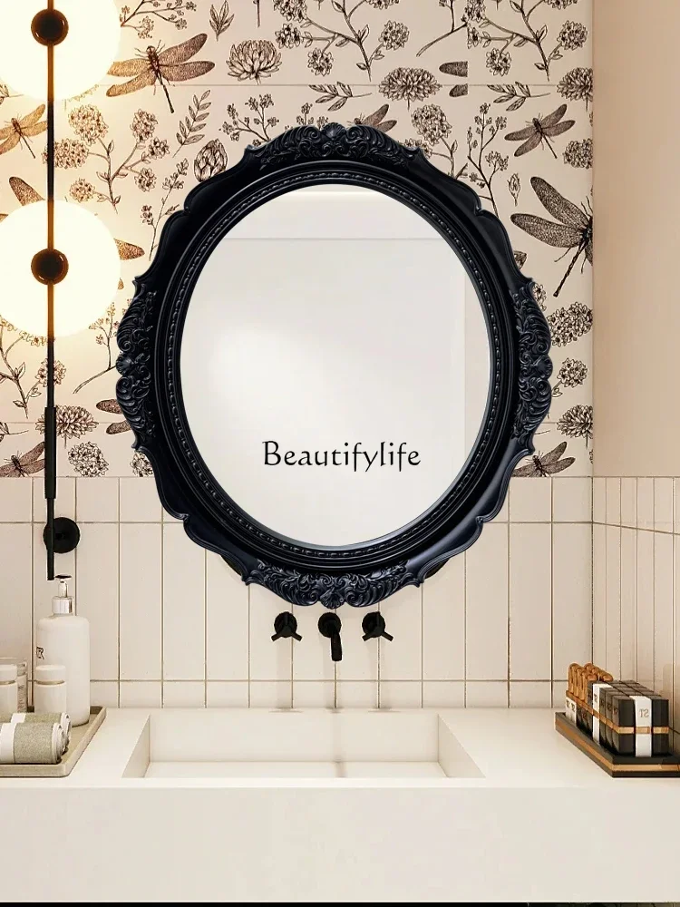 

ld14 American retro oval black carved bathroom mirror wall-mounted French creative