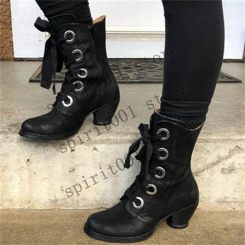 Dames Halloween Middeleeuwse Retro Britse Stijl Kanten Mid Hak Laarzen Pu Lederen Enkellaarsjes Ridder Nobele Cosplay Schoenen