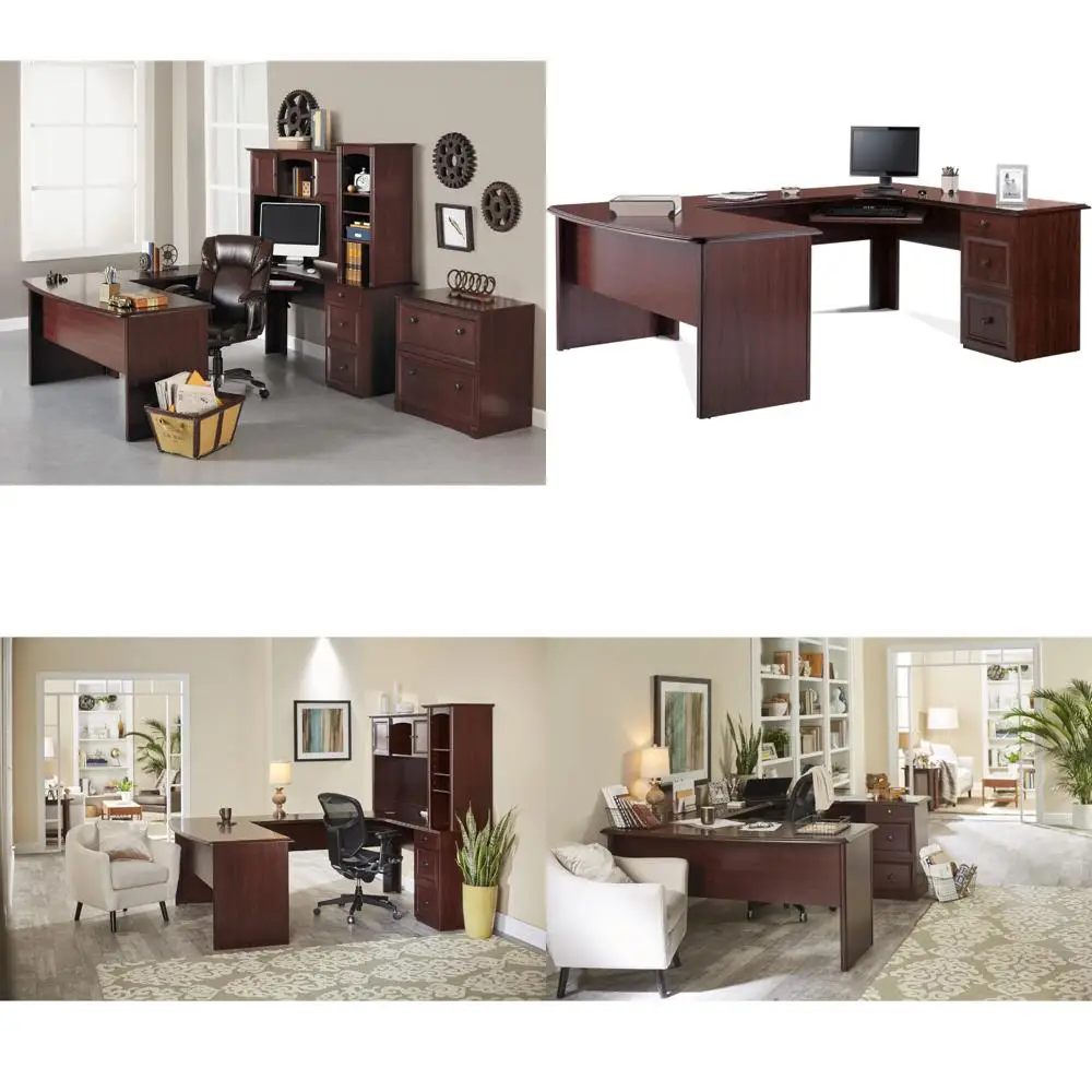 Mesa de canto executiva em forma de U de 65 W com acabamento em cerejeira da Realspace Broadstreet