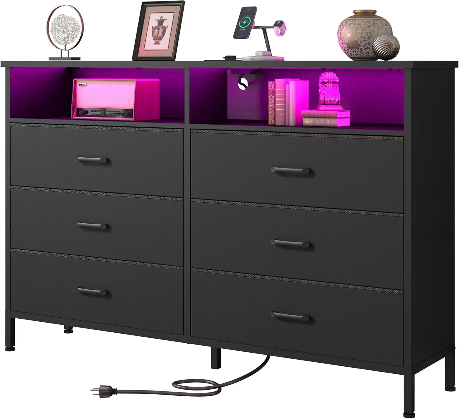 Dresser for bedroom, Fabric Black Bedroom Dresser with LED Lights and Charging Station, 6 Long Drawers Dresser, Tall Wide Chest