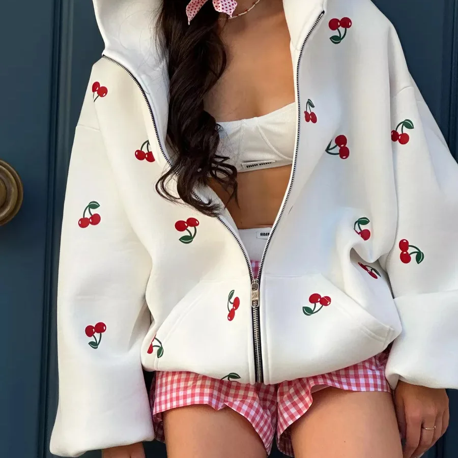 Autumn Women Sweatshirt White Cherry Print Hooded Cardigan худи Loose Hoodies With Pocket Zipper Outerwear Female\'s Jacket Tops