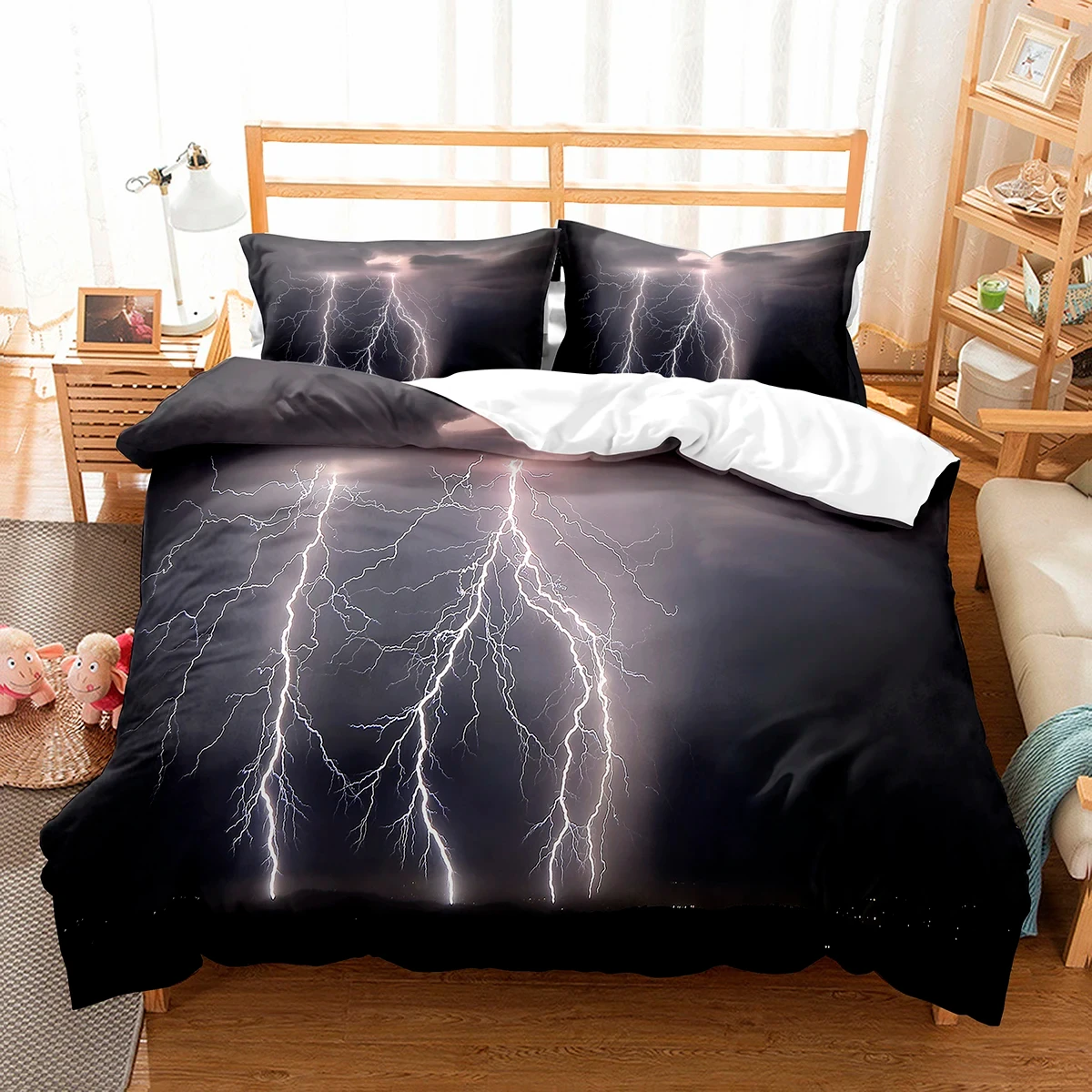 Lightning Duvet Cover Full Queen Size Abstract Geometric Lightning Comforter Cover Mysterious Sky Natural Disaster Bedding Set