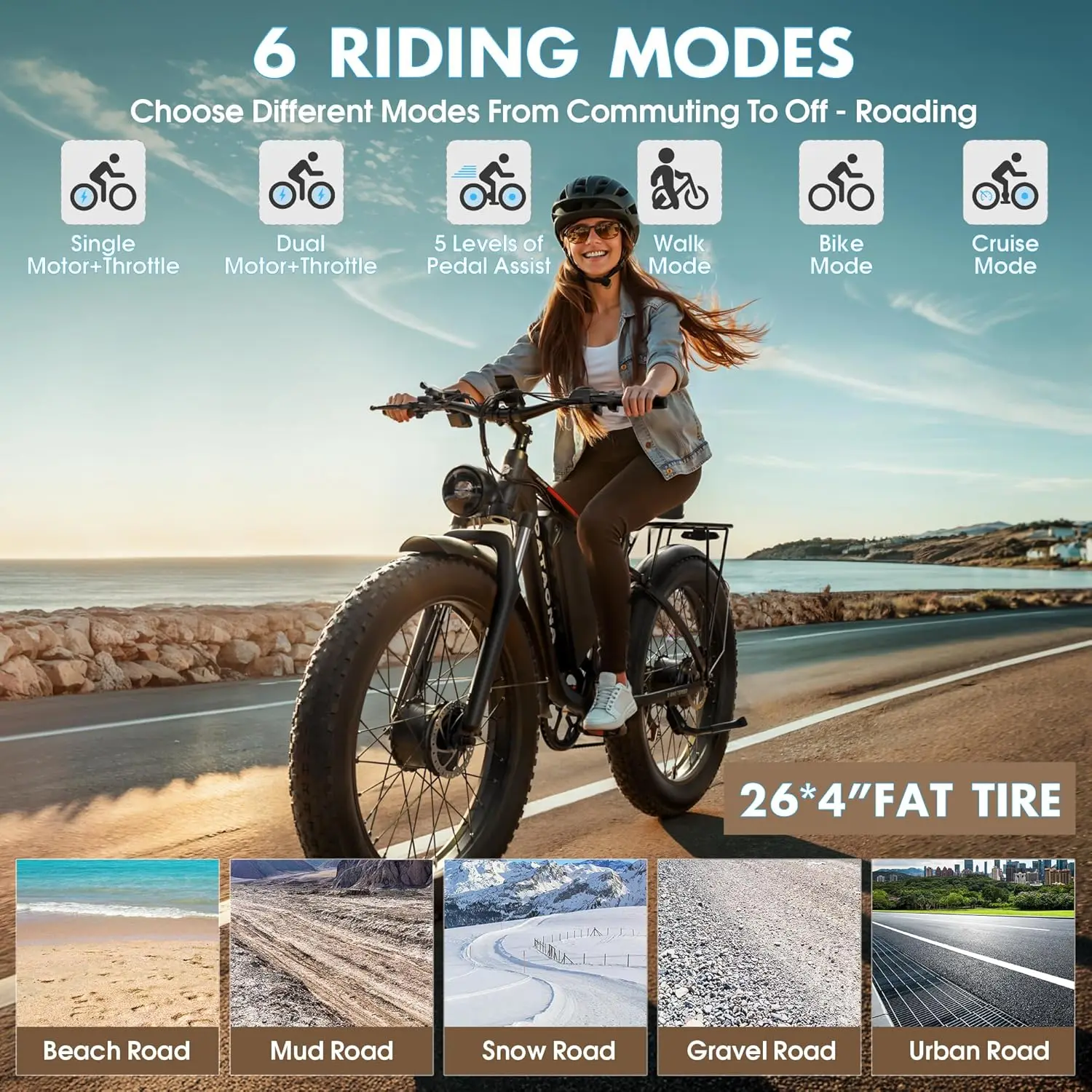 دراجة كهربائية بمحرك مزدوج 3000 وات للبالغين بطارية 52V23AH طويلة المدى 80 ميلًا عالية السرعة 37 ميجا في الساعة 26 بوصة دراجة كهربائية بإطارات عريضة