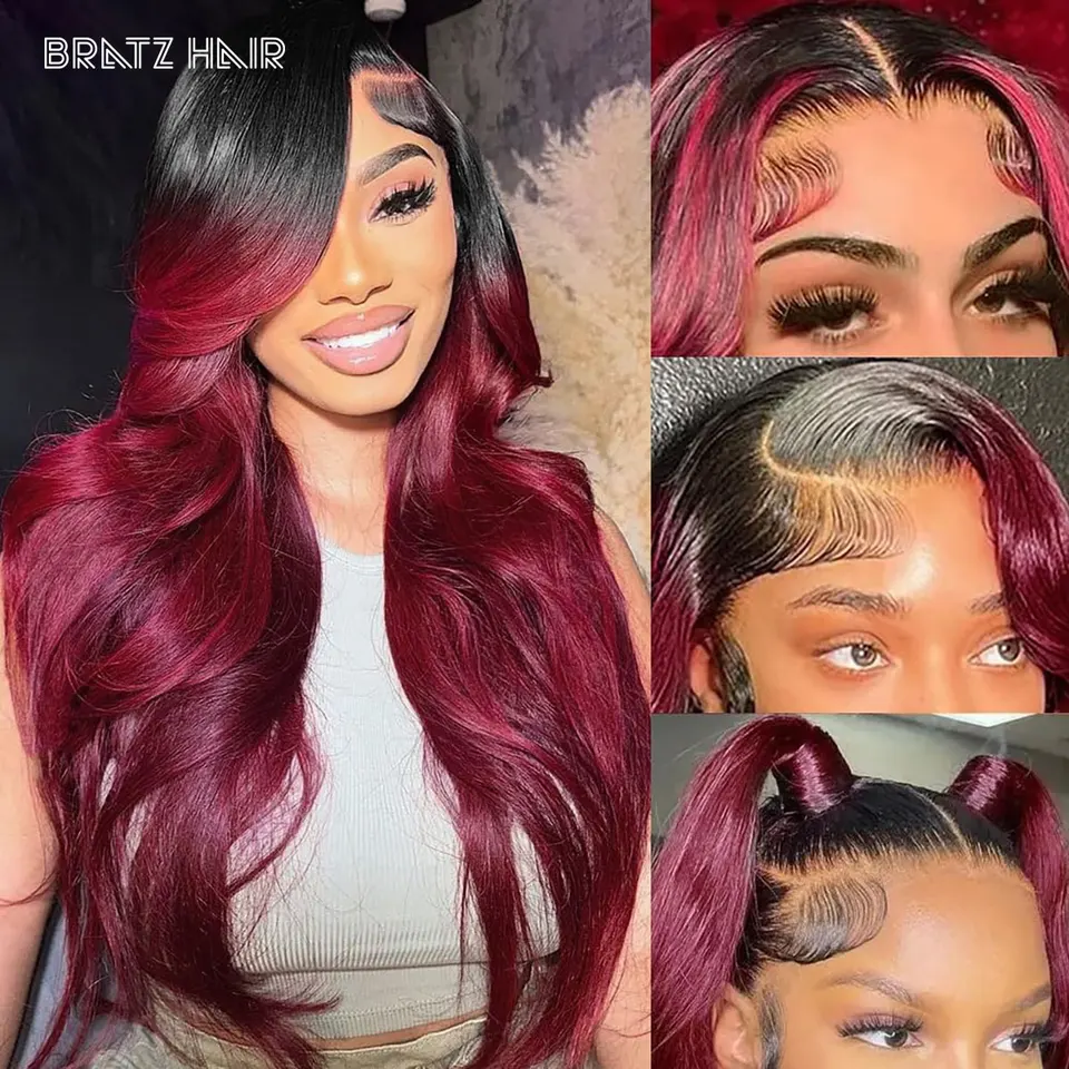 5by5 Ombre Burgundy Bouncy Curls Wig Human Hair T1b/99j  display picture 1