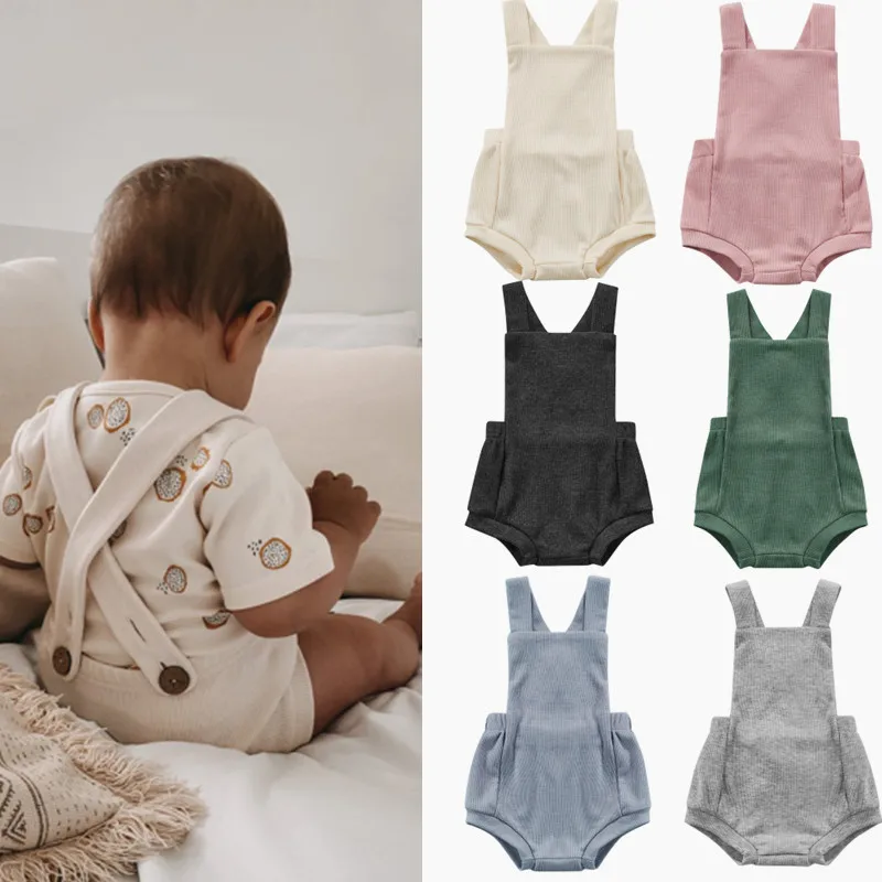 

0-18M Baby Rompers Toddler Baby Boy Girl Knitted Suspender Overall Romper Short Jumpsuit Sleeveless Bodysuit Outfit Bib Pants