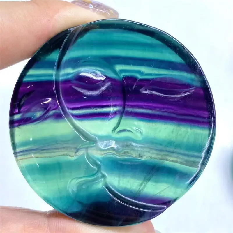 5.5CM Natural Colored Fluorite Sun And Moon Face Carving Quartz Healing Crystal Stone Birthday Present Home Decoration 1PCS