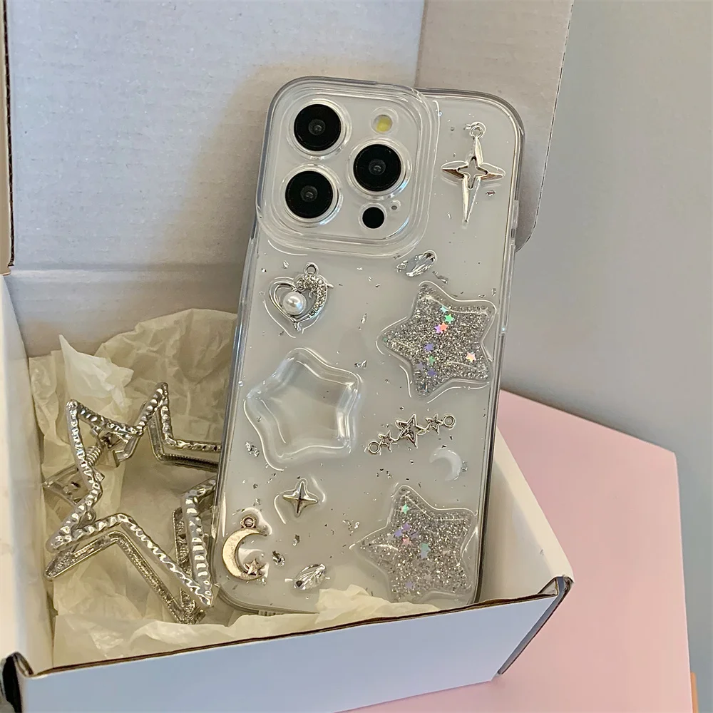 Luxe bling glitter ster duidelijk telefoonhoesje voor dames, transparante harde cover schattig meisje cover, iPhone 15, 14, 12 13 Pro Max 15Pro