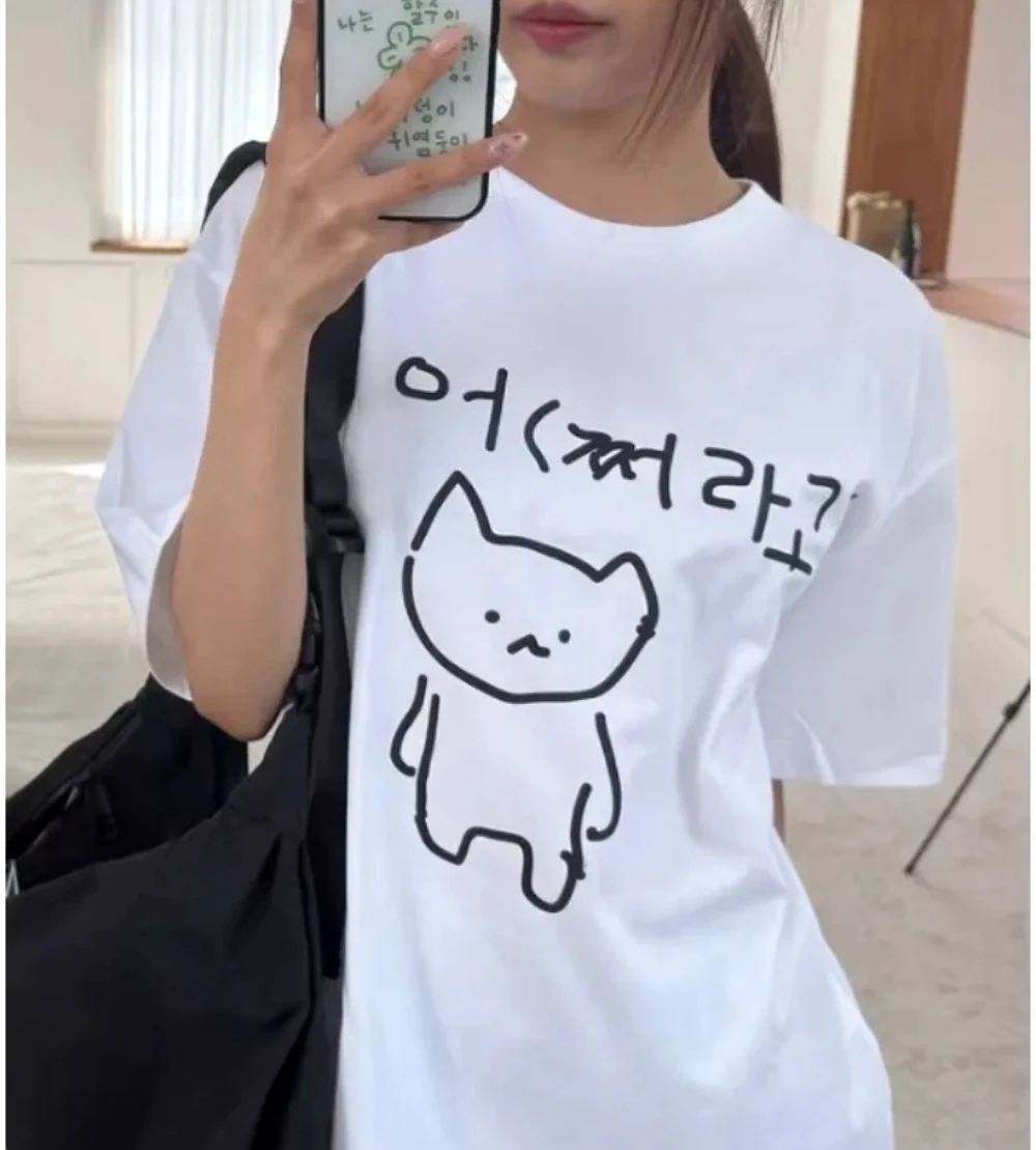 Korean Annoyed Cat Go Away Short-sleeved Printed T-shirt Summer Tee Tops Cute Line Art Cat Meme Graphic Streetwear for Women