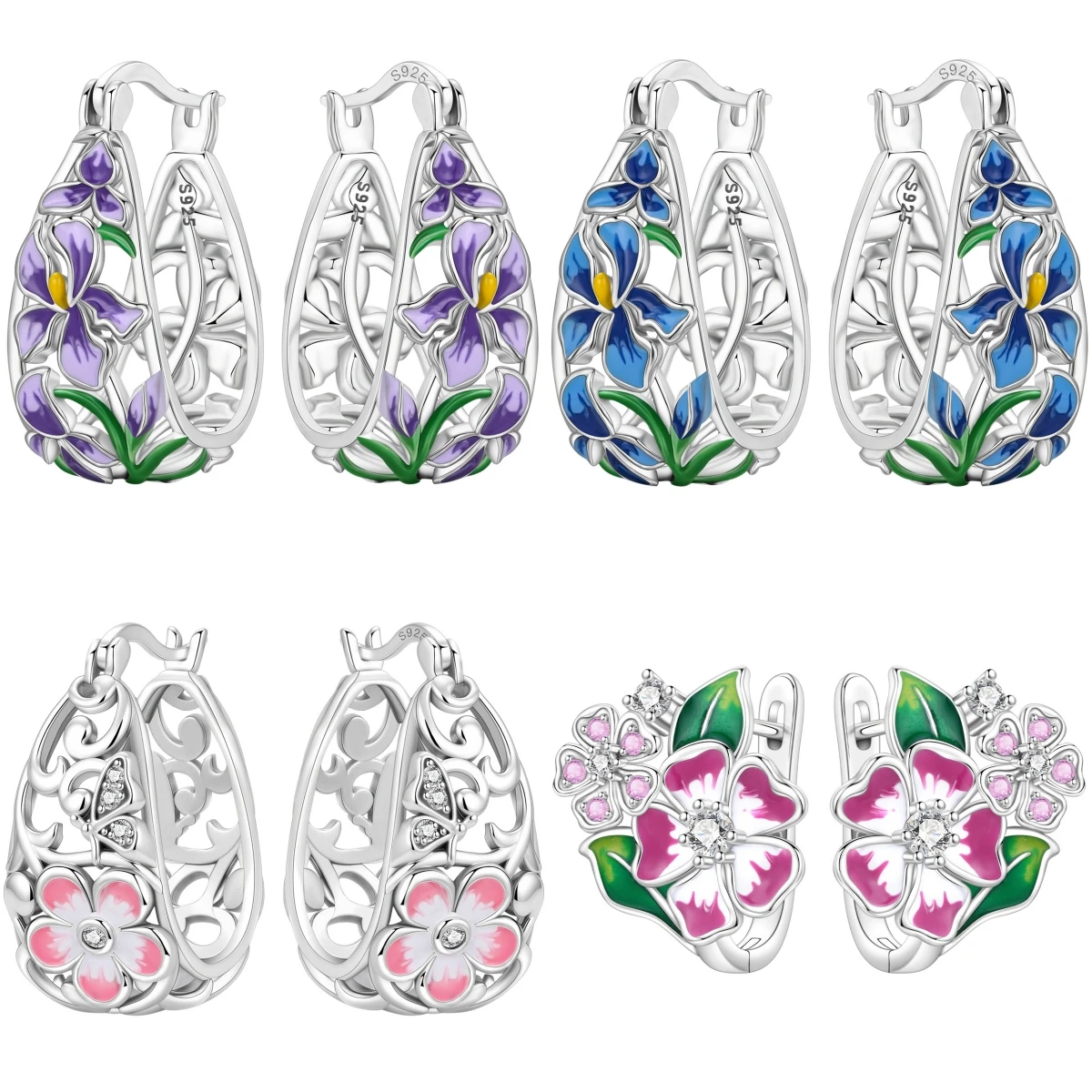 CYCUFF S925 Sterling Silver Blue Purple Iris Flower Earrings Hoop Earring Women Jewelry Original Party Trendy Anniversary Gift