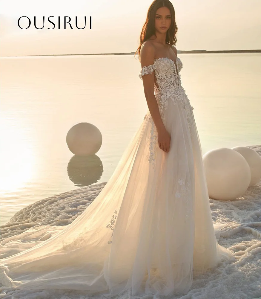 Kant off-shoulder A-lijn bruidsjurk voor bruiloftsfeest Gezwollen lange mouwen Tule Sweep Train Aangepaste vestidos de novia