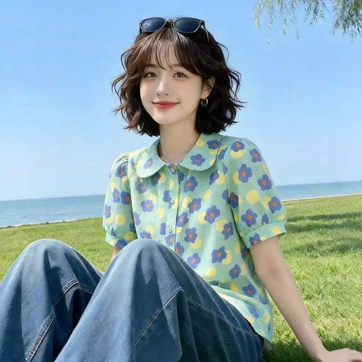 

Summer New Fashionable Floral Short Sleeve Neck Shawl Collar Vintage Doll Shirt Polyester Spandex Blend Women's Top