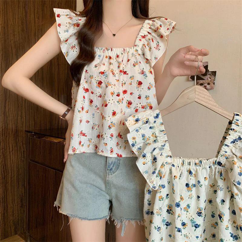 Pastoral Style Floral New Style Fresh Women's Sleeveless Temperament Design Vest Loose Short Suspender Top Summer