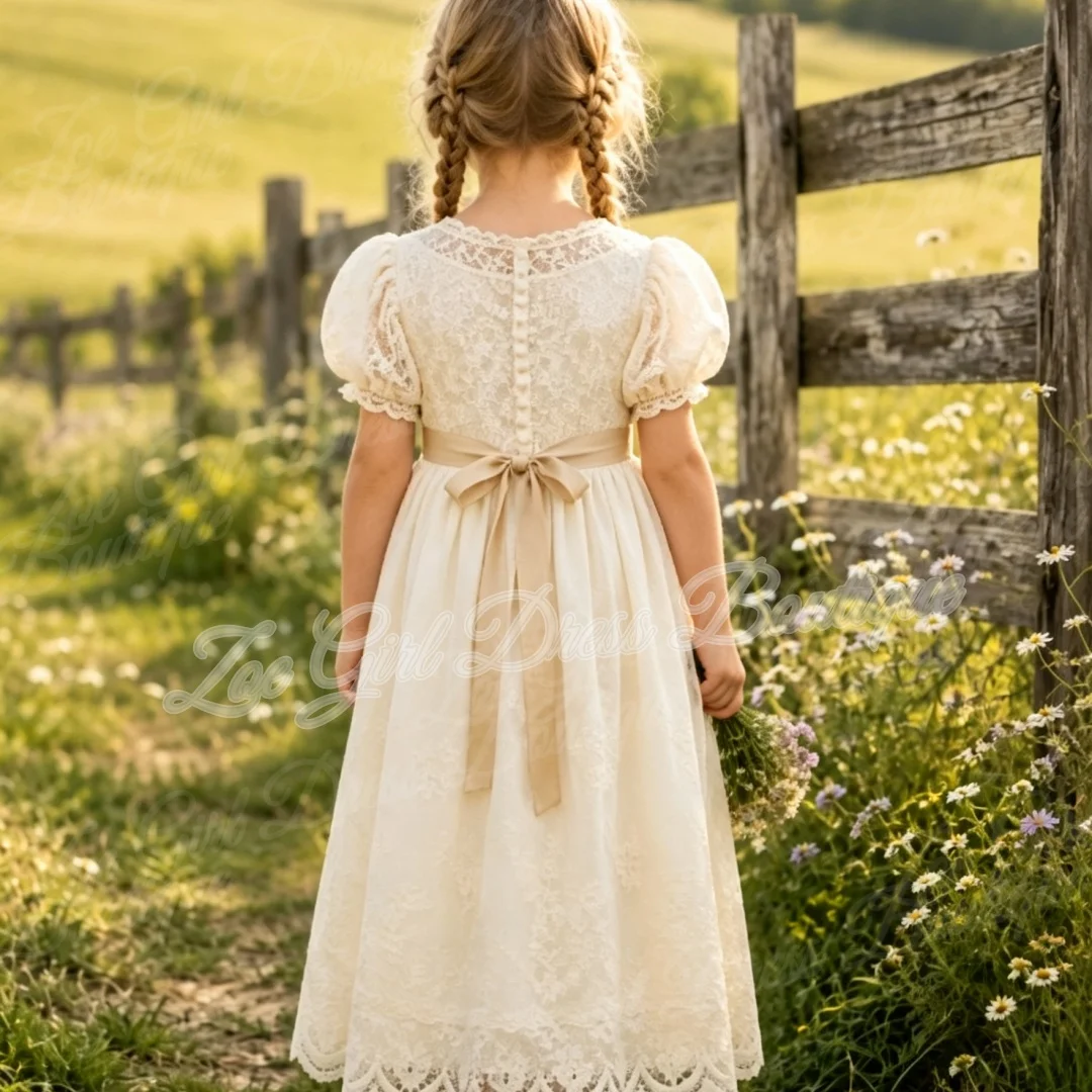 Custom Ivory Lace Flower Girls Dresses For Wedding Puffy Short Sleeves Ribbon Bow Kids Birthday Party First Communion Gowns