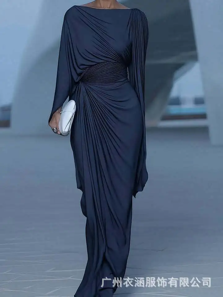 Sexy Abendkleid mit Schrägausschnitt und Falten, Elegantes Hochgeschnittenes Einfarbiges Bankett-Kleid, Damen Freizeitkleid mit Unregelmäßigen Langen Ärmeln – Detail 3