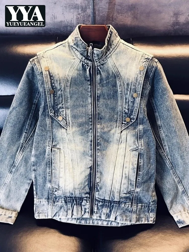 

Vintage Mens Denim Jacket Spring Autumn Stand Collar Casual Loose Fit Long Sleeve Motorcycle Short Coat High Street Outerwear
