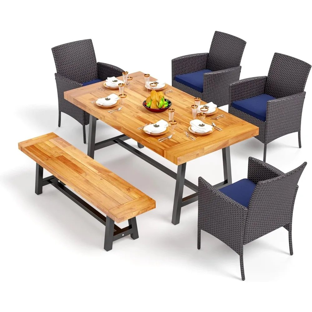 

Обеденный набор из 6 предметов на открытом воздухе, обеденный стол из дерева акации, 1 деревянная скамейка и 4 плетеные стулья из ротанга с мягкой подкладкой, обеденный мех из тикового дерева