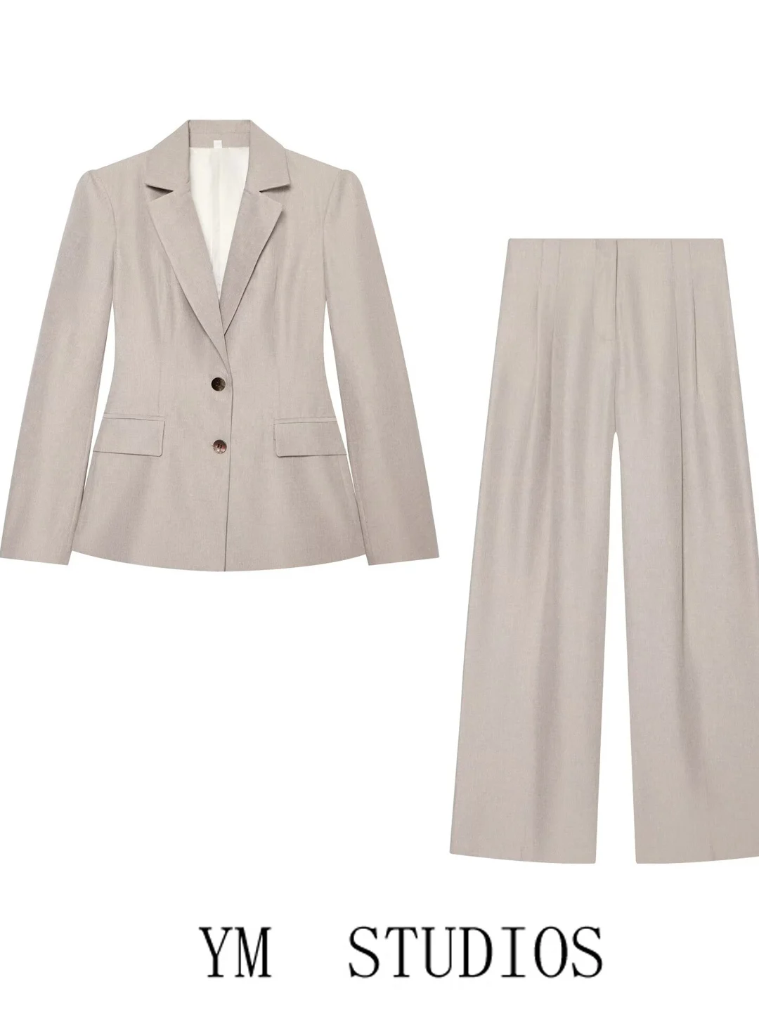 Women's Long Sleeve Linen Blend Pleated Suit Jacket Straight Leg Pants Set Business Casual Fashion Autumn Collection