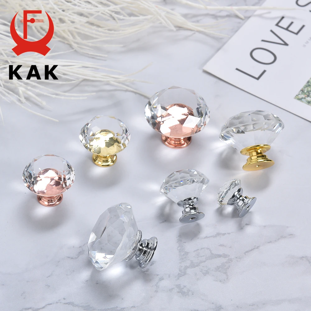 KAK 10Pieces Crystal Diamond Cabinet Knobs and Handles 30mm Gold Kitchen Cupboard Door Pulls Dresser Furniture Handle Hardware