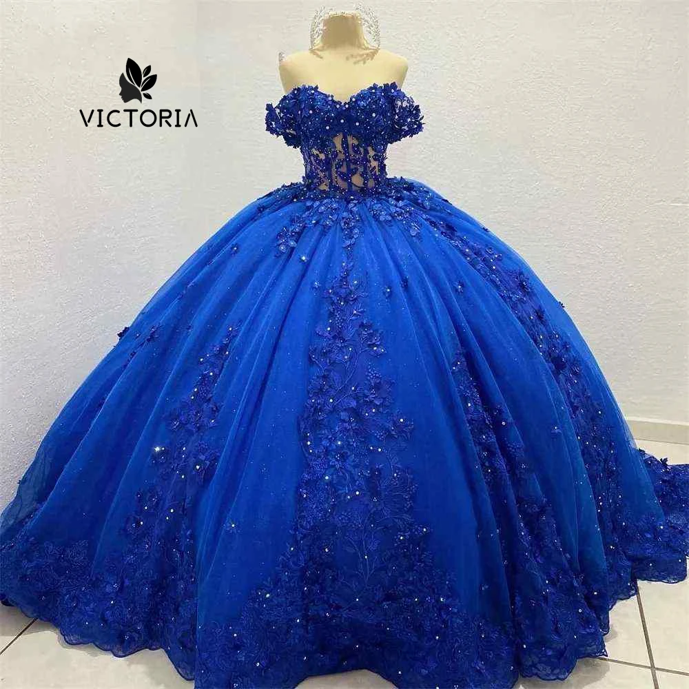 

Royal Blue Lace Apppliques Quinceanera Dresses Off The Shoulder Illusion Corset Ball Gown Sweet Sixteen Dress Wedding Gowns