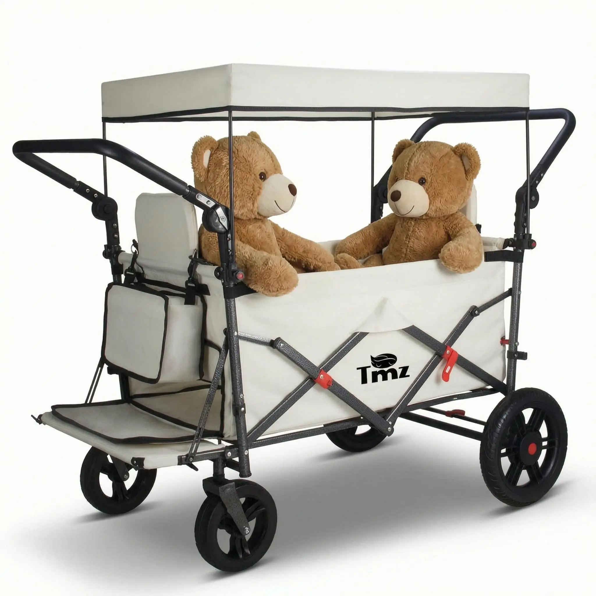 Collapsible Wagon with 2 Foldable Seats, Folding Wagon with Canopy, Multi Functional Cart with Adjustable Handle Bar