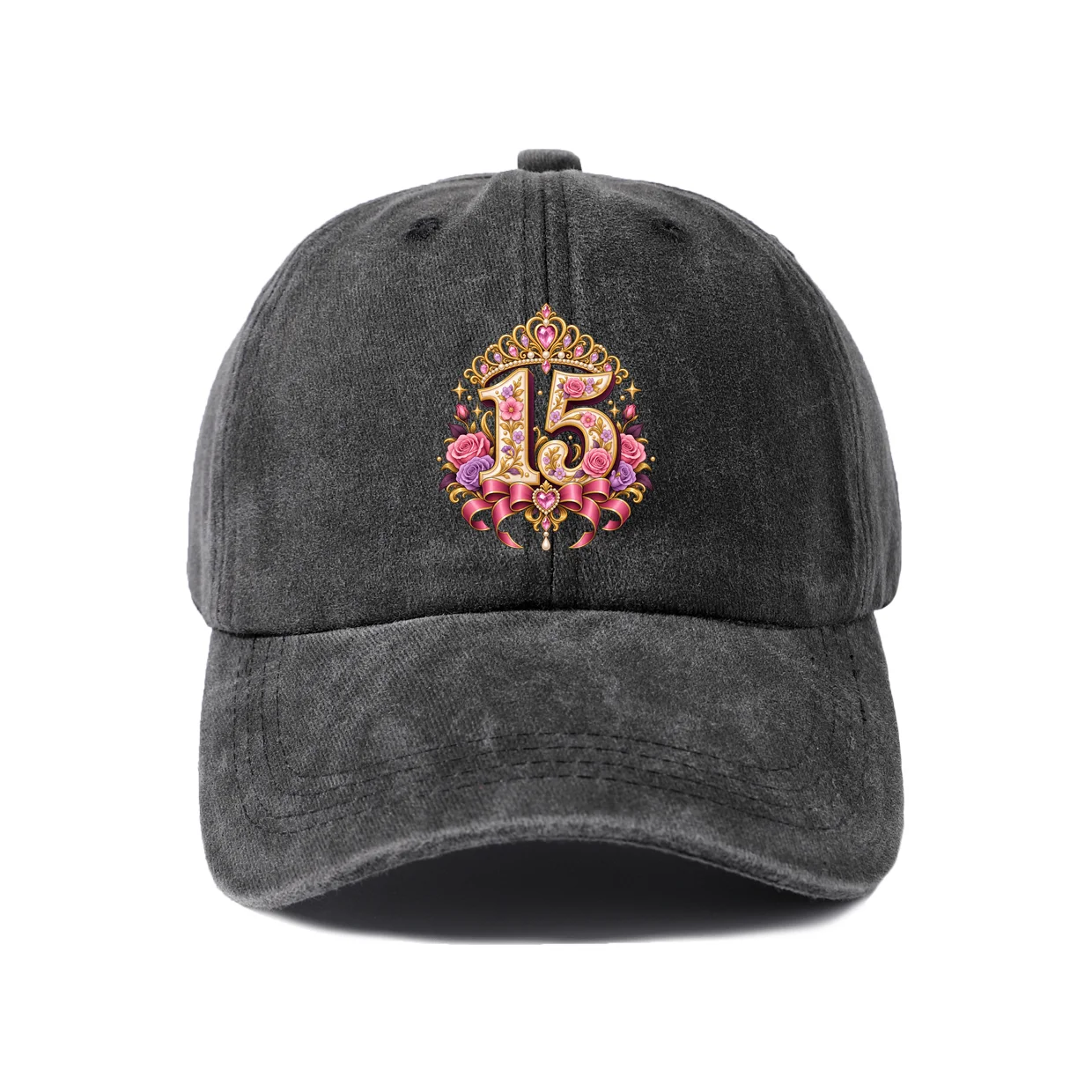 Pink Floral Number Fifteen Baseball Cap, Vintage Washed Adjustable Unisex Dad Hat, Outdoor Gift