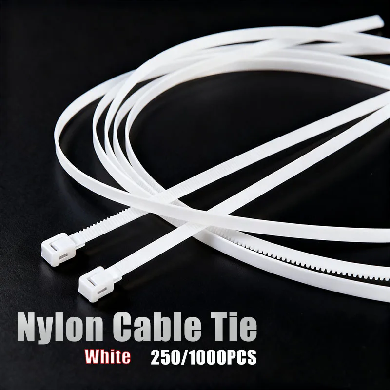 

1000/250Pcs White Self-Locking Nylon Cable Tie Set Plastic Zip Tie Wider 3*100 3*150 4*200 Wire Wrap Fixed Binding High Quality