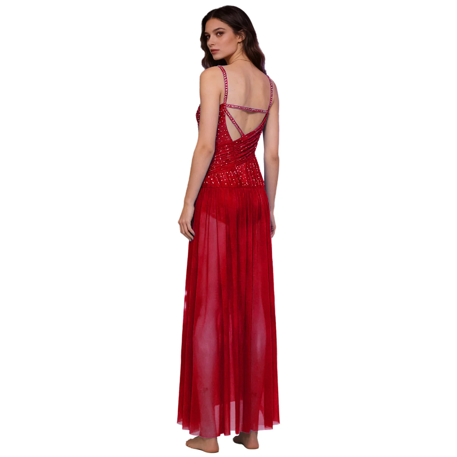 Womens Adult Ballet Lyrical Modern Contemporary Dance Dress Rhinestones Ruched Backless Slit Mesh Hem Dress Performance Costume - view 5