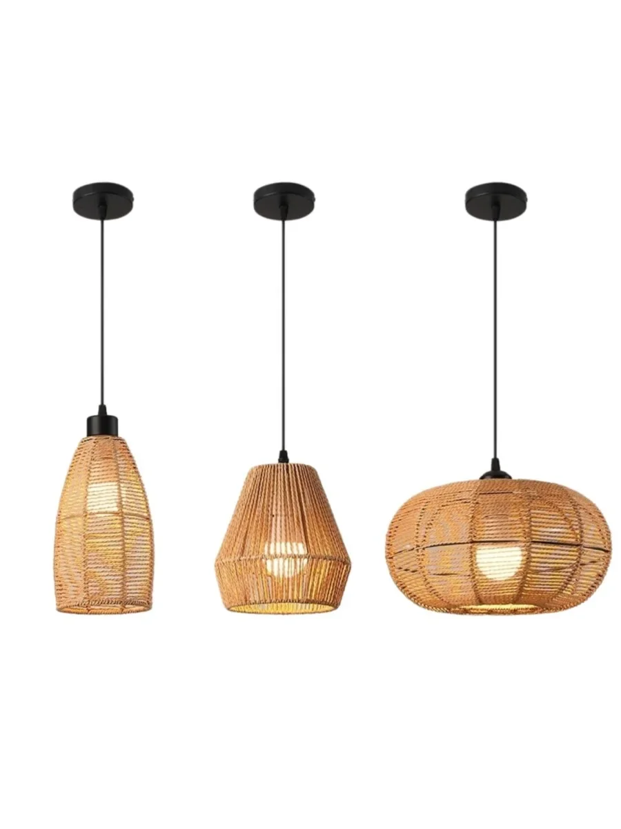 Wabi Sabi Rattan Chandelier Pendant Light E27 Ambient Warm Home Lighting for Bedroom Living Room Retro Paper Rope Suspension