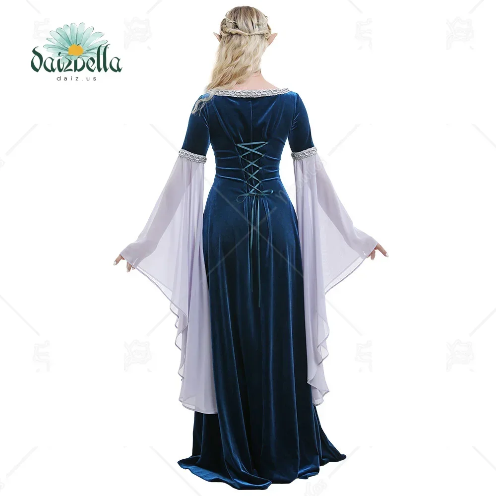 DAIZBELLA Halloween Medieval Cosplay Costume Handmade Historical Dress Retro Fairy Elf Dark Blue Velvet Gown with Sleeves