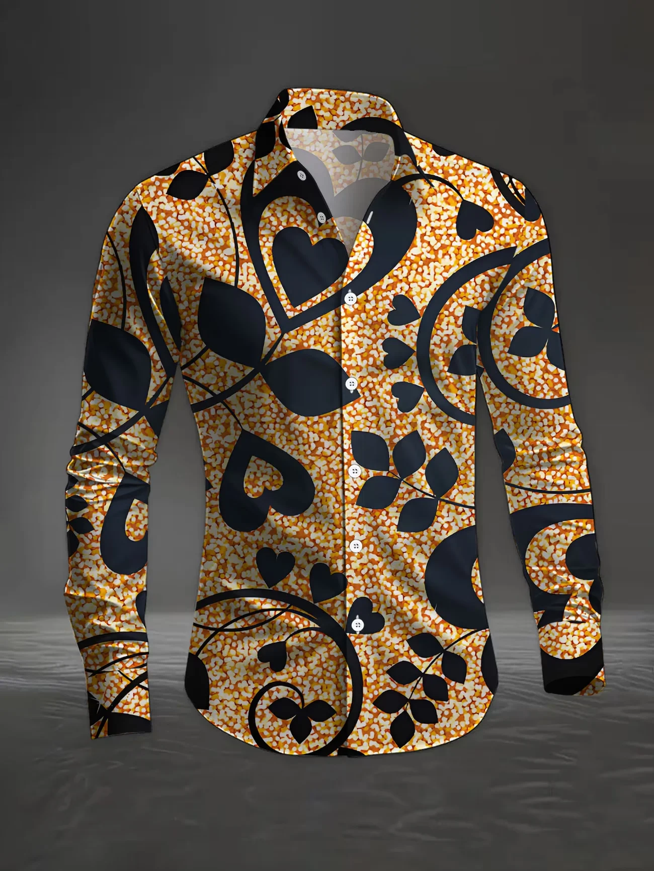New Black and Red Heart-Shaped Leopard Print Men's Long-Sleeved Shirt for Valentine's Day Casual Shirt