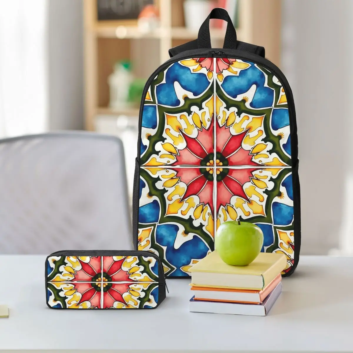 Mediterranean,colorful,vibrant,mosaic Tiles Art 1 Backpack BookBag School Bag Shoulder Bags 3ps Insulated Lunch Bag Pencil Case
