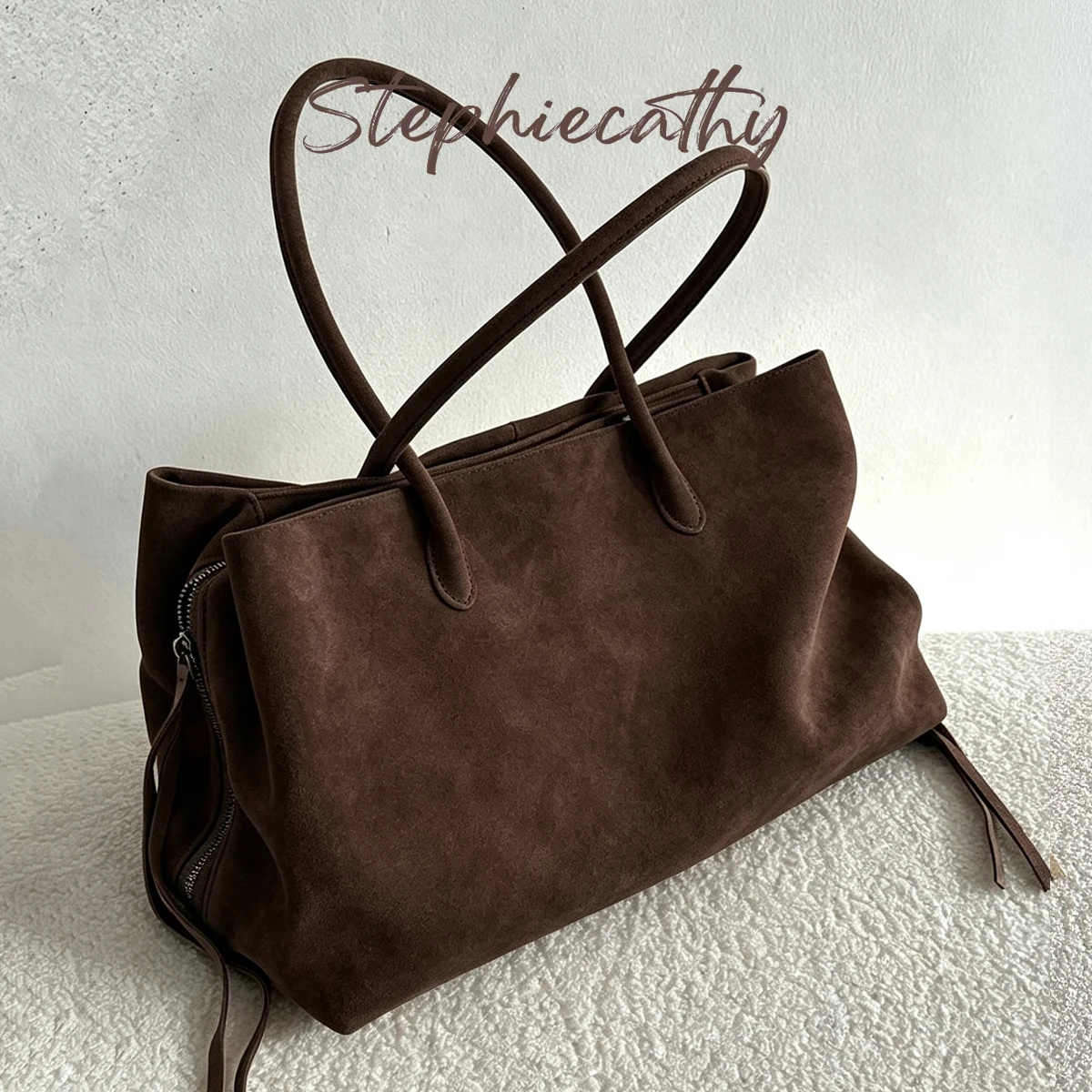 SC Women Simple Faux Suede Tote Bag Large Capacity Multi-layer Design Autumn Winter Commute Handbag Fashion Laptop Shoulder Bag