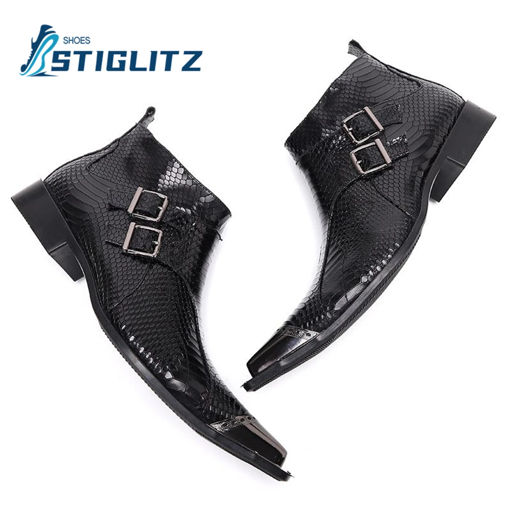 Panel Crocodile Chelsea Ankle Boots Buckle Side Zipper Black Leather Boots New British Style Men\'s Business Formal Casual Shoes