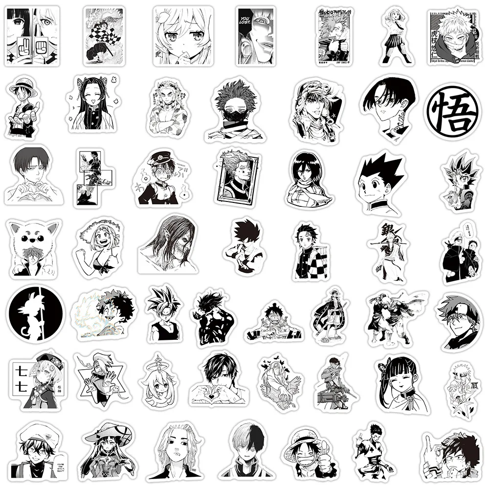 Anime preto e branco adesivos para crianças, DIY Graffiti, motocicleta, skate, laptop, impermeável legal adesivo brinquedos, 10 pcs, 30 pcs, 50 pcs, 100pcs