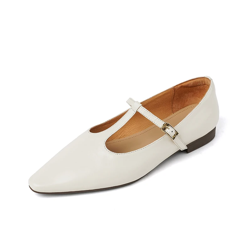 

Woman Shoes Beige Mary Jane Spring Simple Flats Handmad Shoes French Style Square Toe Genuine Leather T-Strap Basic Footwear